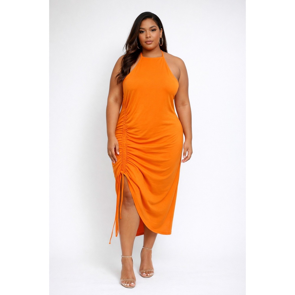Almost Famous Orange Ruched Side Halter Maxi Dress Women's Size L